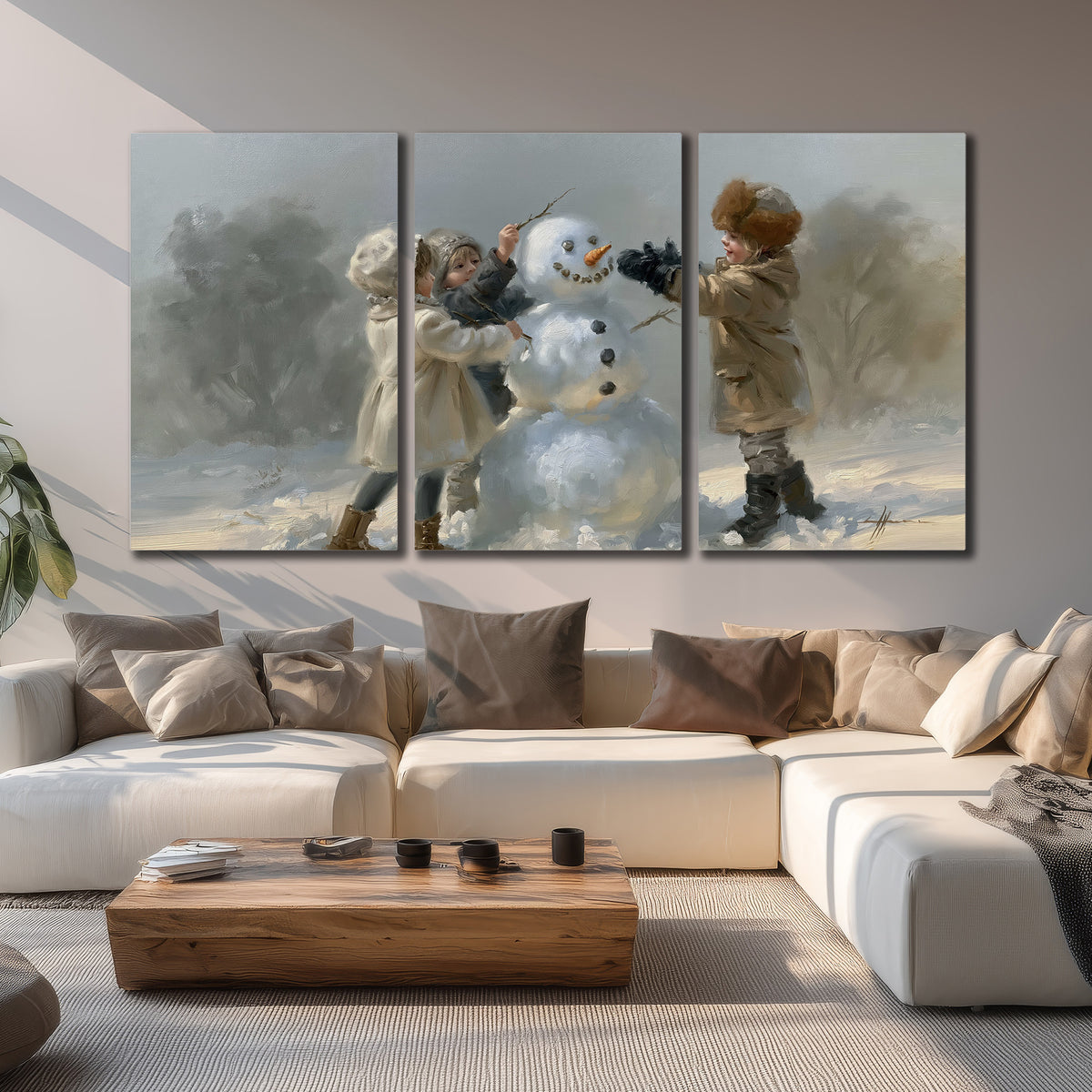 Two children putting the finishing touches on a snowman in a soft snowy landscape 3 piece canvas wall art displayed in a living room