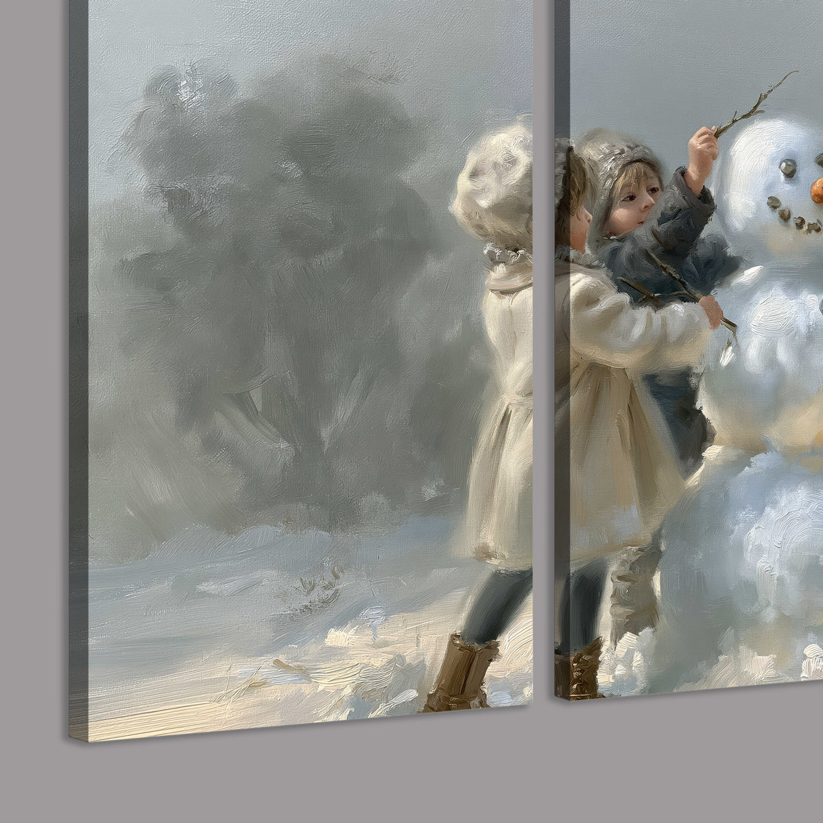 Two children putting the finishing touches on a snowman in a soft snowy landscape 3 piece canvas wall art room and product view