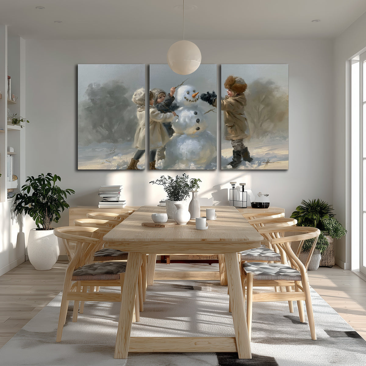 Two children putting the finishing touches on a snowman in a soft snowy landscape 3 piece canvas wall art room and product view