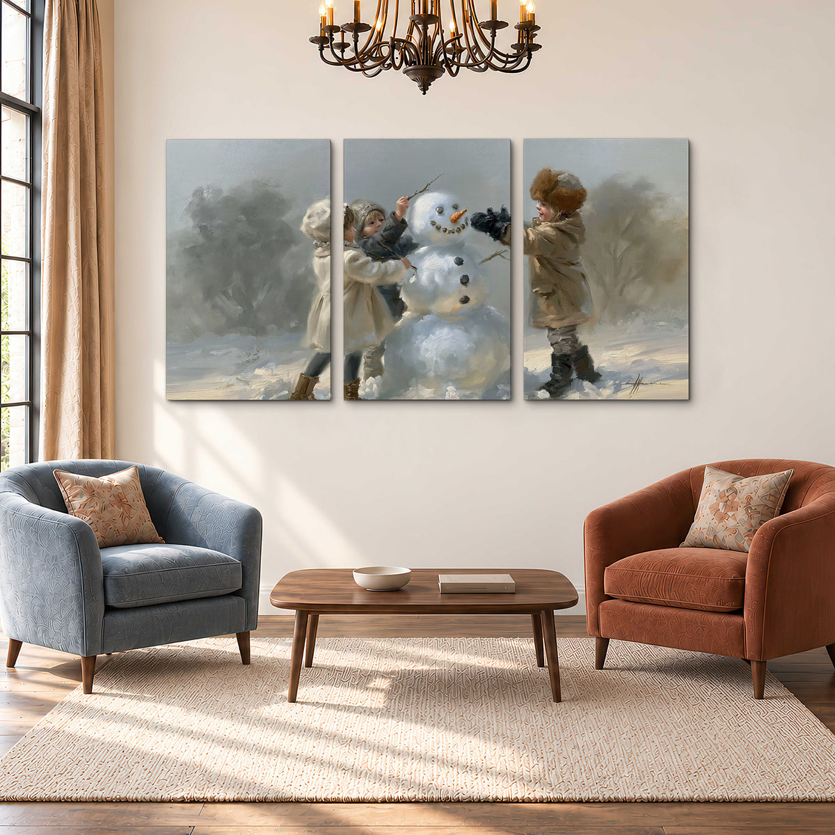 Two children putting the finishing touches on a snowman in a soft snowy landscape 3 piece canvas wall art styled in an interior