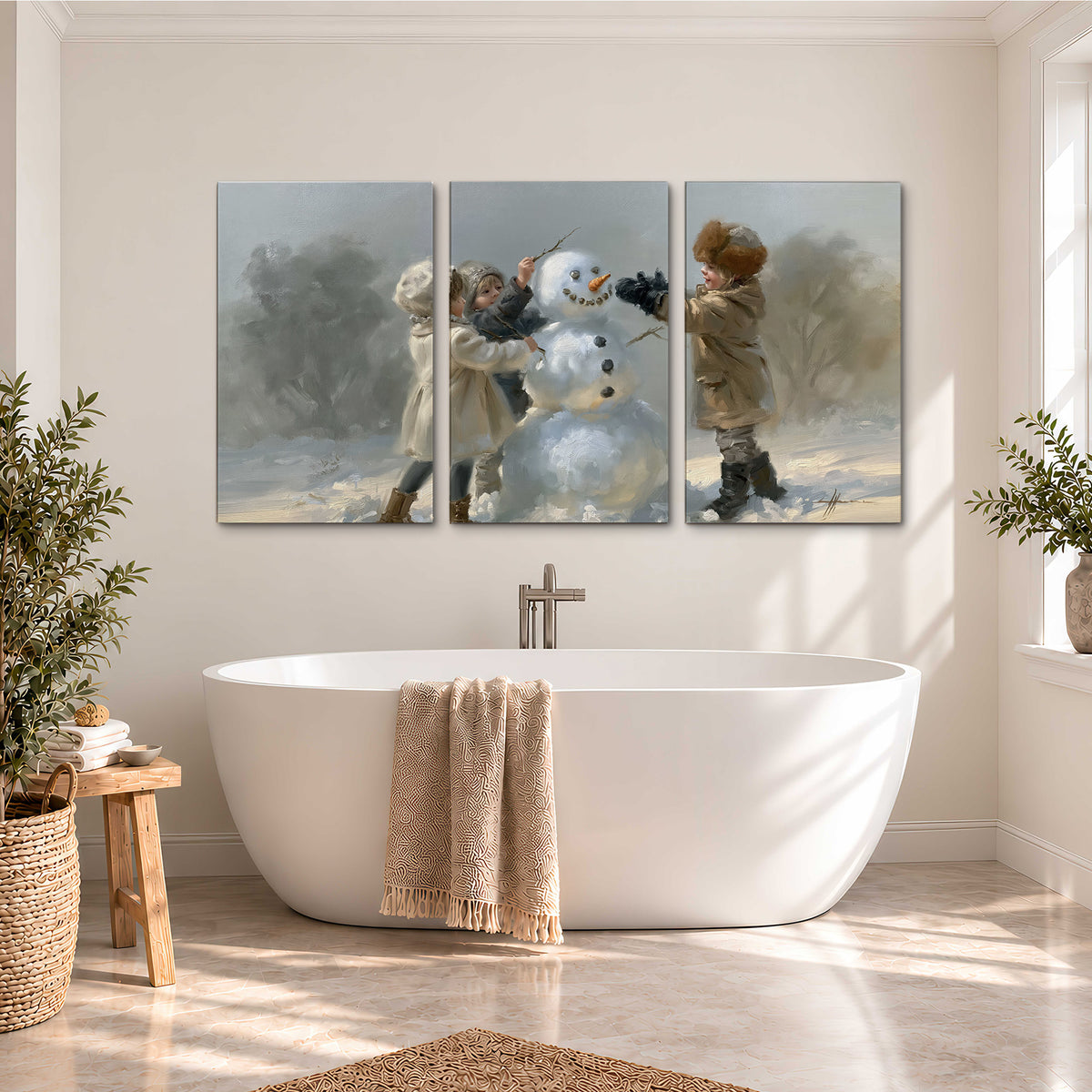 Two children putting the finishing touches on a snowman in a soft snowy landscape 3 piece canvas wall art styled in an interior