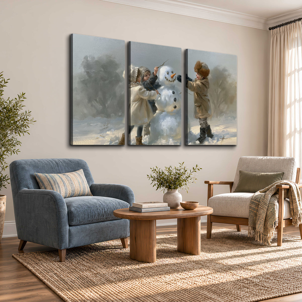 Two children putting the finishing touches on a snowman in a soft snowy landscape 3 piece canvas wall art styled in an interior