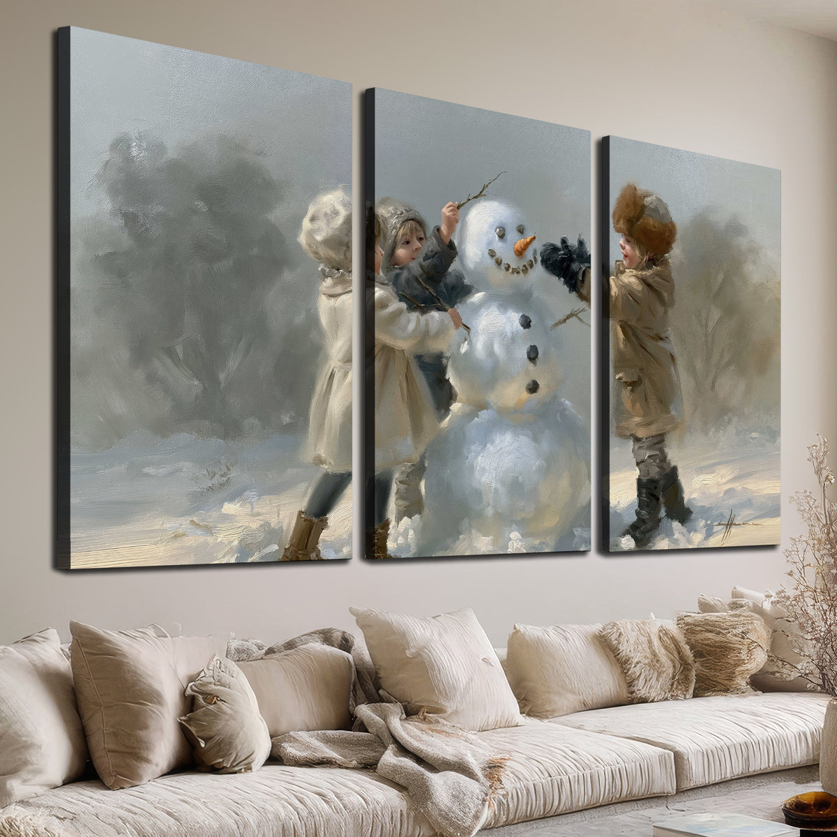 Two children putting the finishing touches on a snowman in a soft snowy landscape 3 piece canvas wall art room and product view