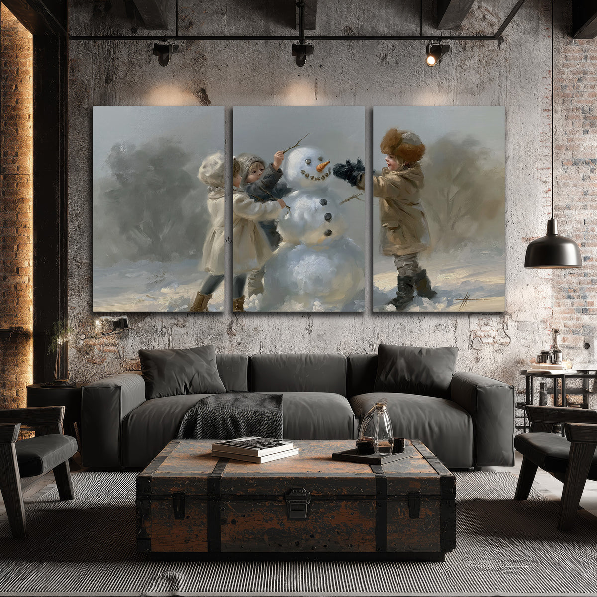 Two children putting the finishing touches on a snowman in a soft snowy landscape 3 piece canvas wall art displayed in a industrial room