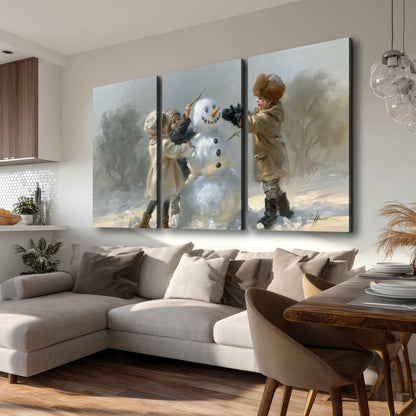 Two children putting the finishing touches on a snowman in a soft snowy landscape 3 piece canvas wall art room and product view