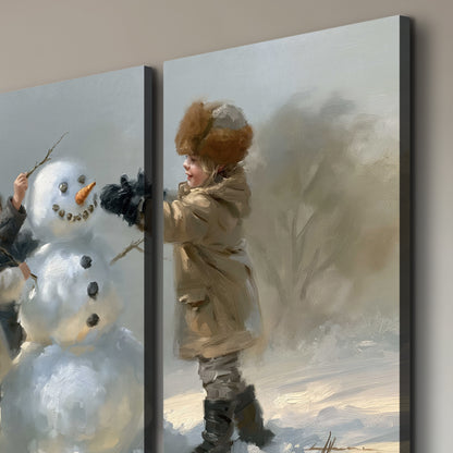 Two children putting the finishing touches on a snowman in a soft snowy landscape 3 piece canvas wall art room and product view