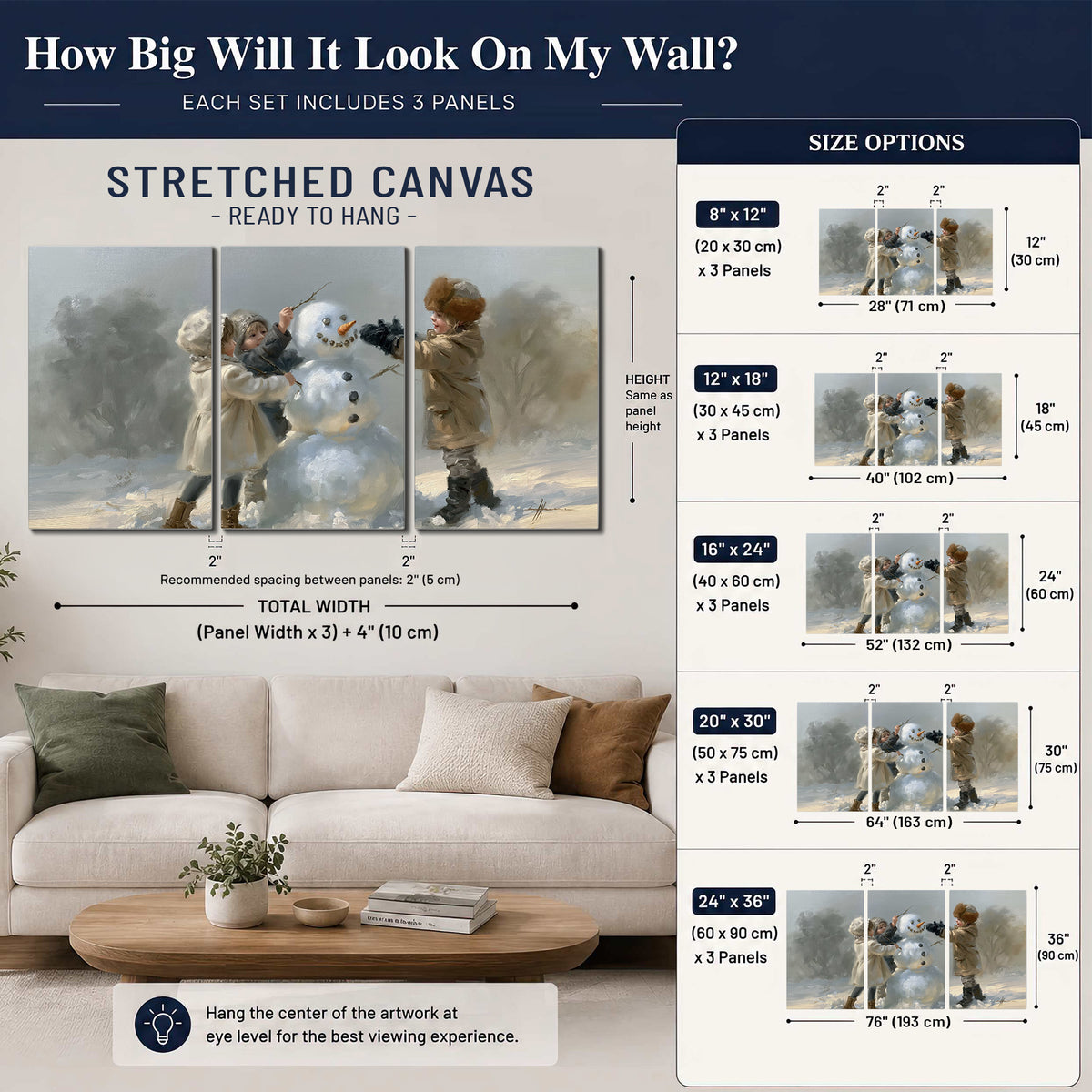 Two children putting the finishing touches on a snowman in a soft snowy landscape 3 piece canvas wall art size guide above a sofa; room view is illustrative