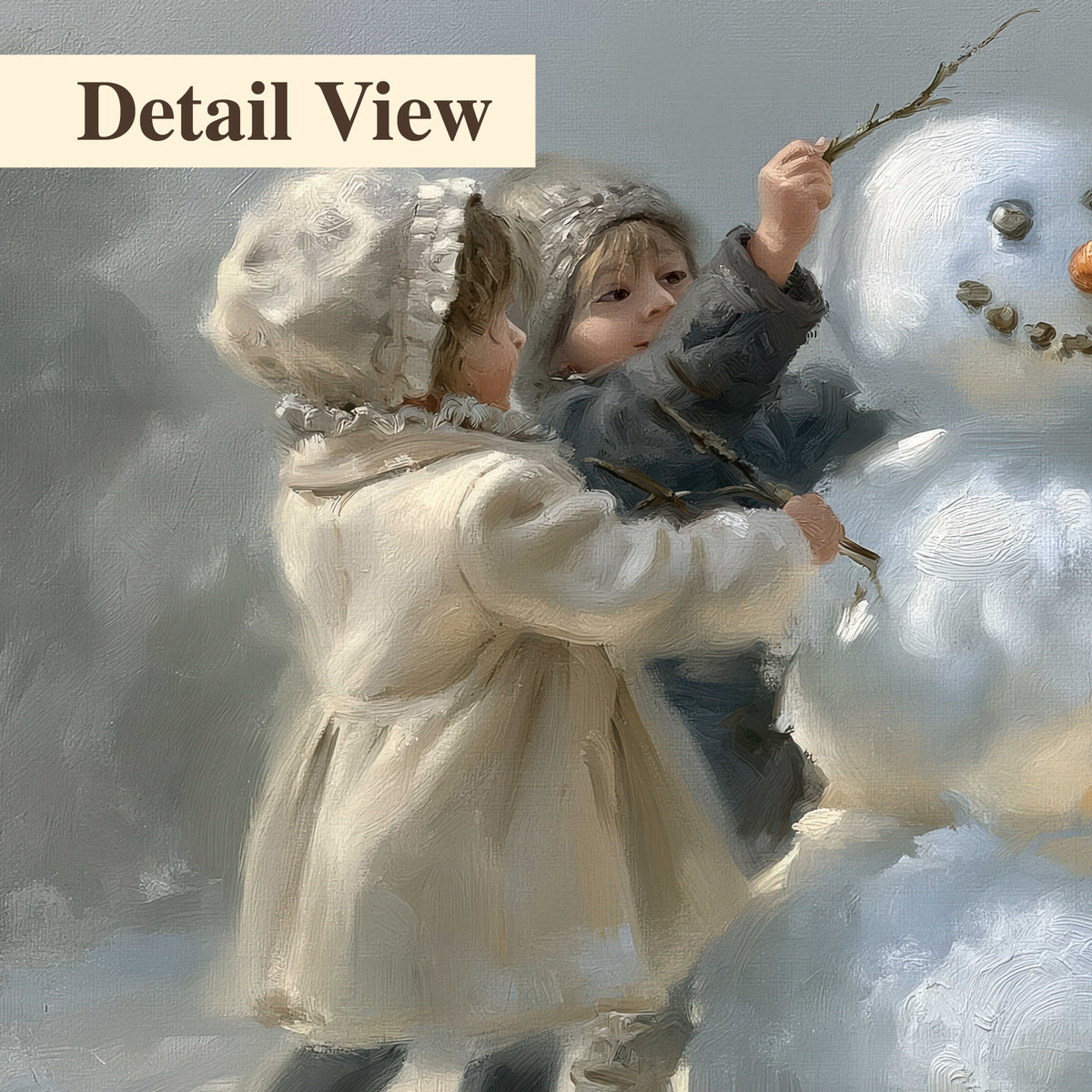 Two children putting the finishing touches on a snowman in a soft snowy landscape 3 piece canvas wall art artwork detail close up
