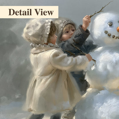 Two children putting the finishing touches on a snowman in a soft snowy landscape 3 piece canvas wall art artwork detail close up