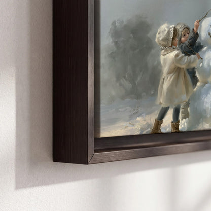 Two children putting the finishing touches on a snowman in a soft snowy landscape 3 piece framed canvas wall art material and edge close up