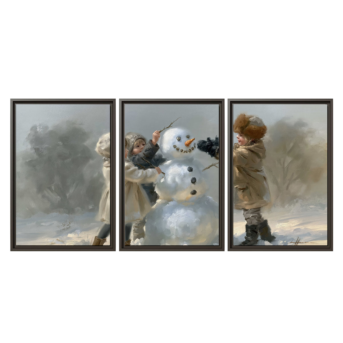 Two children putting the finishing touches on a snowman in a soft snowy landscape 3 piece framed canvas wall art viewed straight on