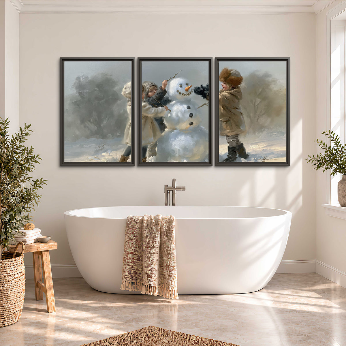 Two children putting the finishing touches on a snowman in a soft snowy landscape 3 piece framed canvas wall art styled in an interior