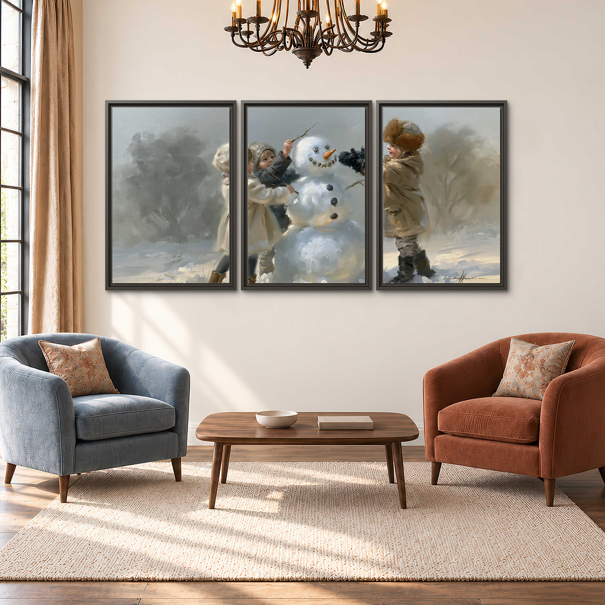 Two children putting the finishing touches on a snowman in a soft snowy landscape 3 piece framed canvas wall art styled in an interior