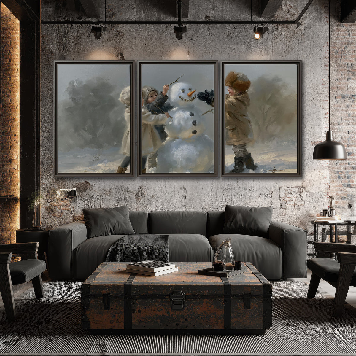 Two children putting the finishing touches on a snowman in a soft snowy landscape 3 piece framed canvas wall art displayed in a industrial room