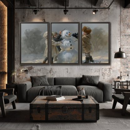 Two children putting the finishing touches on a snowman in a soft snowy landscape 3 piece framed canvas wall art displayed in a industrial room