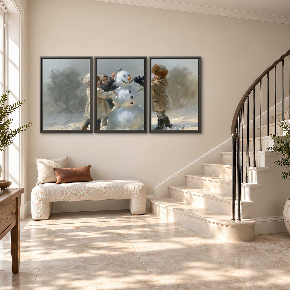 Two children putting the finishing touches on a snowman in a soft snowy landscape 3 piece framed canvas wall art styled in an interior