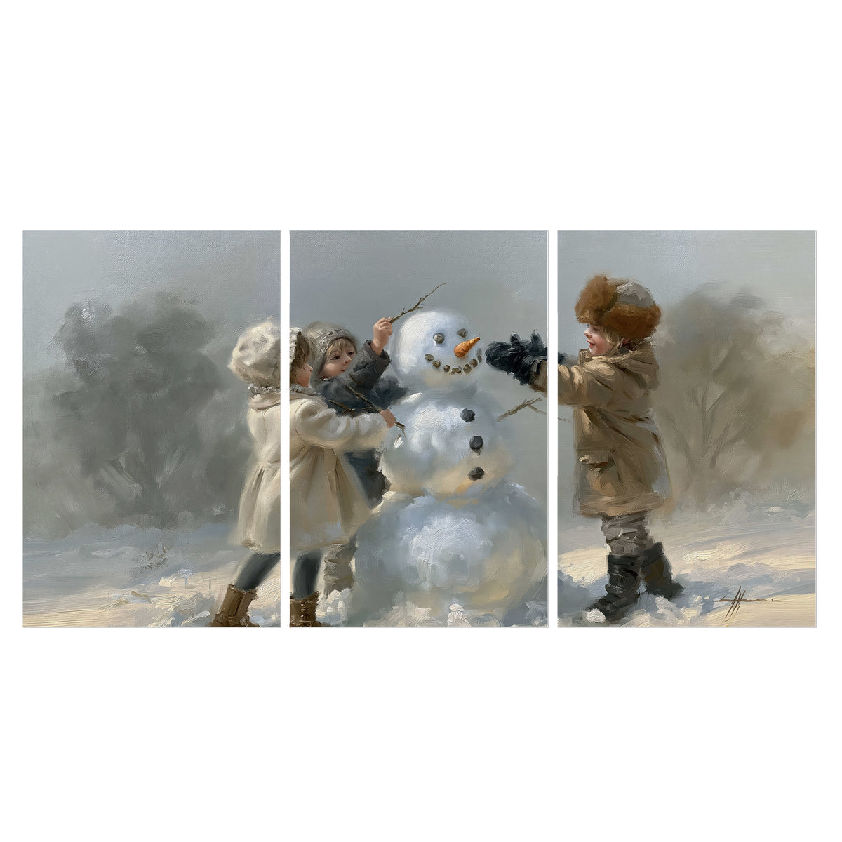 Two children putting the finishing touches on a snowman in a soft snowy landscape set of 3 poster prints viewed straight on