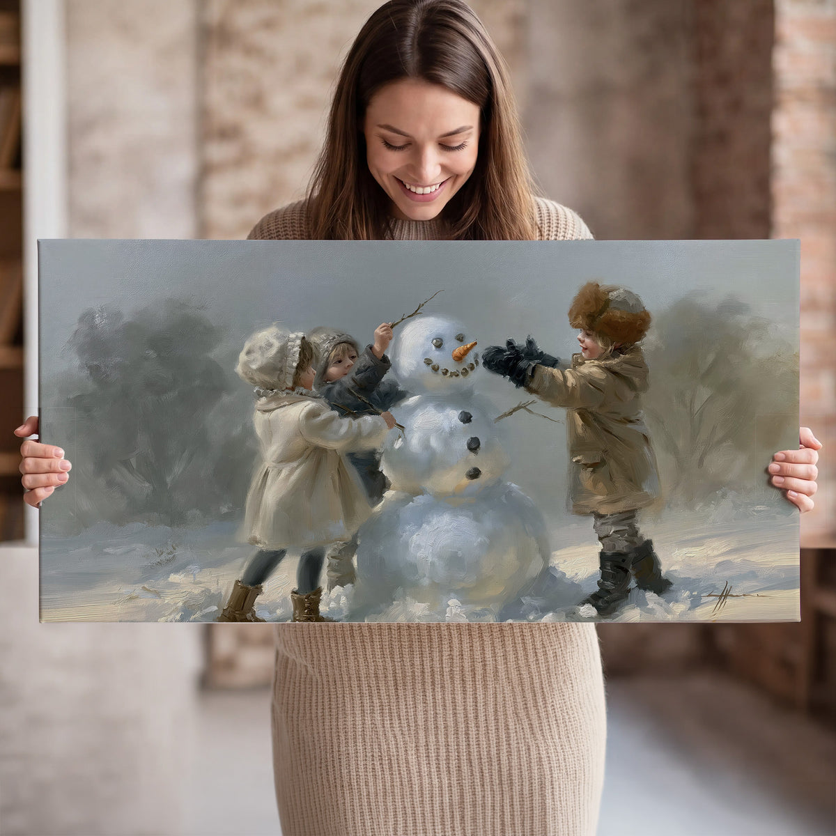 Two children putting the finishing touches on a snowman in a soft snowy landscape single canvas wall art held in hands
