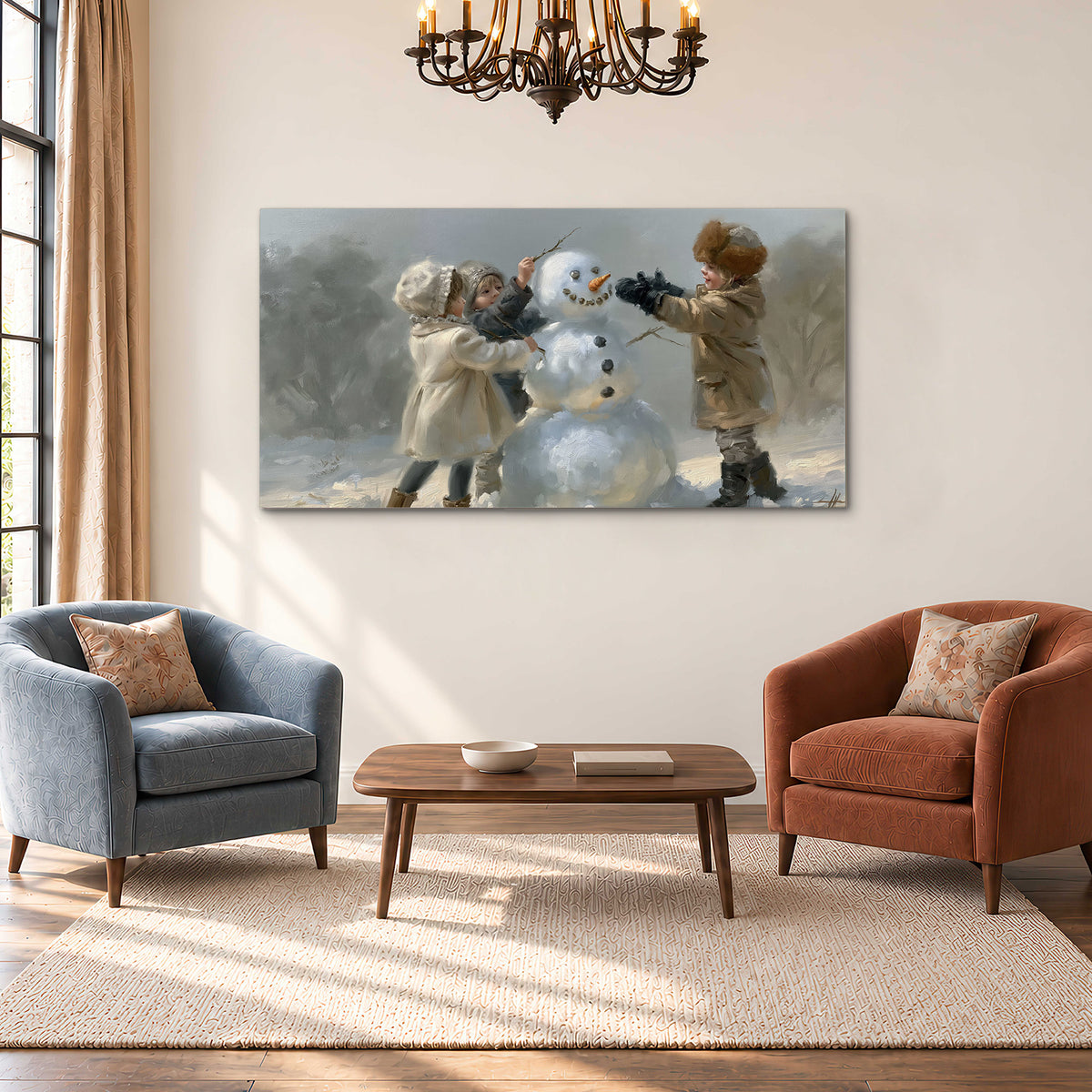 Two children putting the finishing touches on a snowman in a soft snowy landscape single canvas wall art styled in an interior