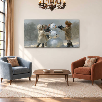 Two children putting the finishing touches on a snowman in a soft snowy landscape single canvas wall art styled in an interior