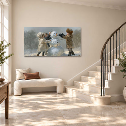 Two children putting the finishing touches on a snowman in a soft snowy landscape single canvas wall art styled in an interior