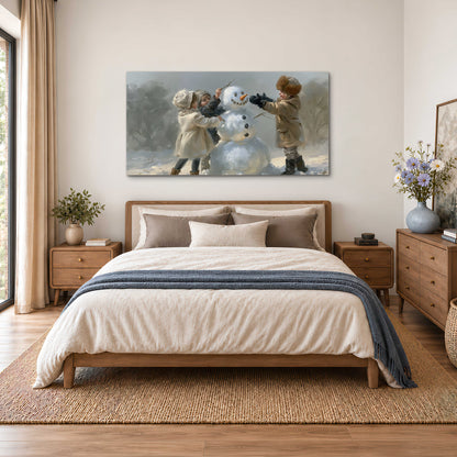 Two children putting the finishing touches on a snowman in a soft snowy landscape single canvas wall art styled in an interior