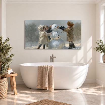 Two children putting the finishing touches on a snowman in a soft snowy landscape single canvas wall art styled in an interior