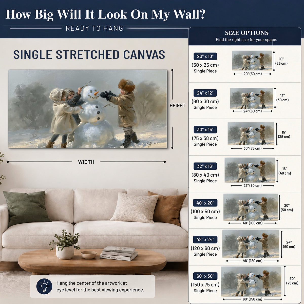 Two children putting the finishing touches on a snowman in a soft snowy landscape single canvas wall art size guide above a sofa; room view is illustrative