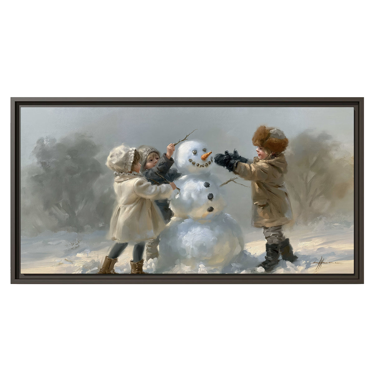 Two children putting the finishing touches on a snowman in a soft snowy landscape single framed canvas wall art viewed straight on