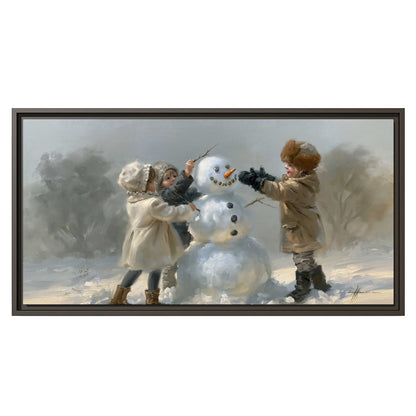 Two children putting the finishing touches on a snowman in a soft snowy landscape single framed canvas wall art viewed straight on