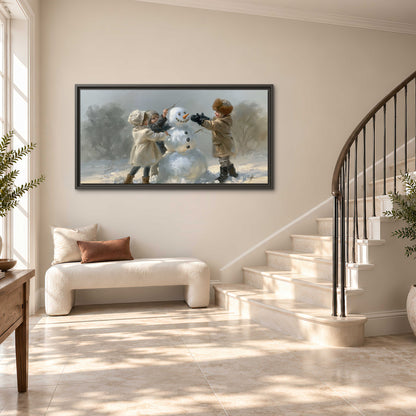 Two children putting the finishing touches on a snowman in a soft snowy landscape single framed canvas wall art styled in an interior