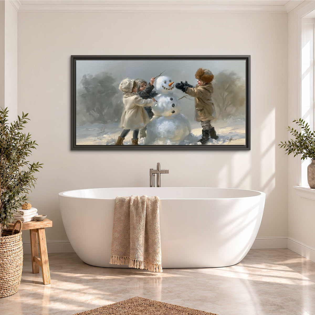 Two children putting the finishing touches on a snowman in a soft snowy landscape single framed canvas wall art styled in an interior