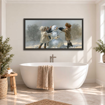 Two children putting the finishing touches on a snowman in a soft snowy landscape single framed canvas wall art styled in an interior