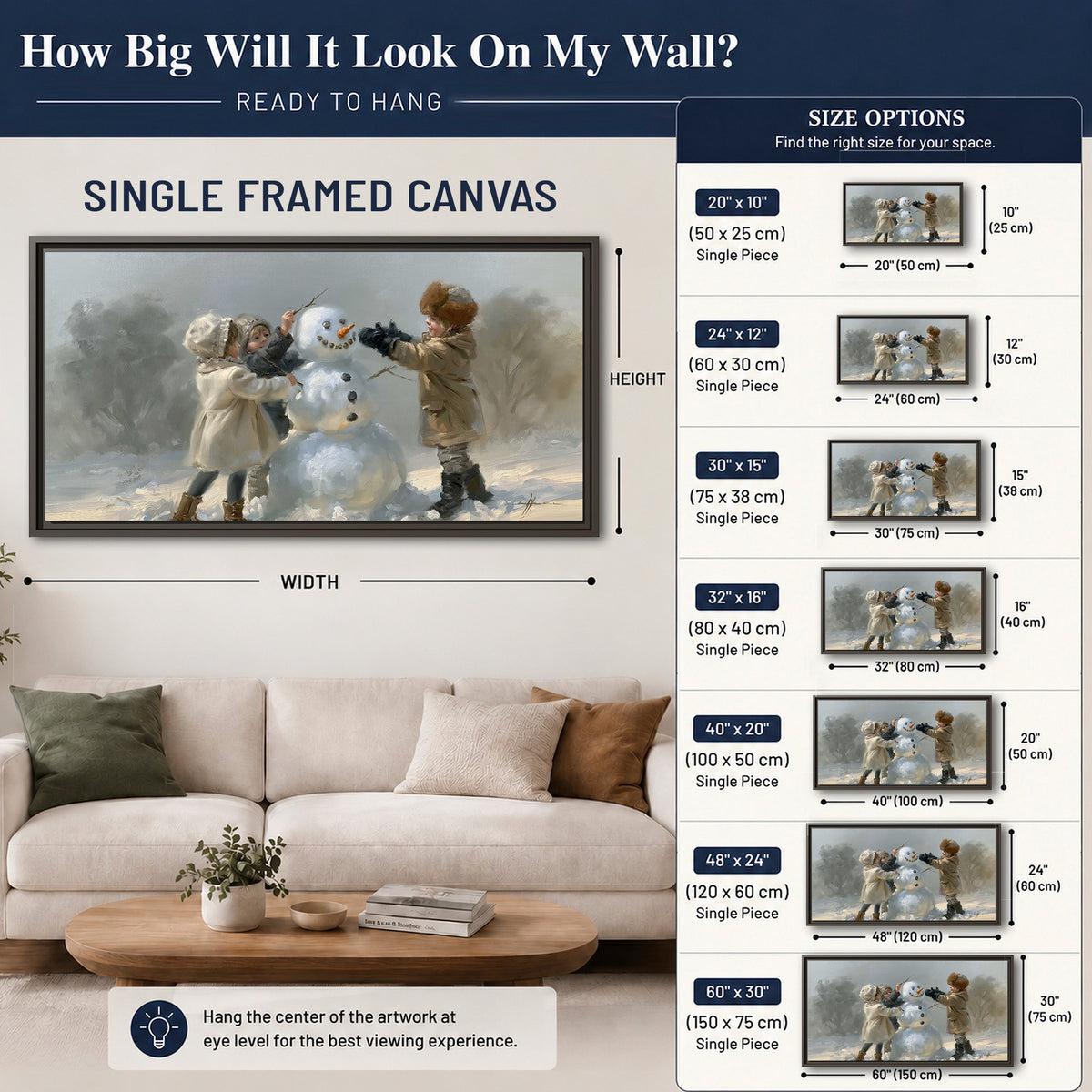 Two children putting the finishing touches on a snowman in a soft snowy landscape single framed canvas wall art size guide above a sofa; room view is illustrative