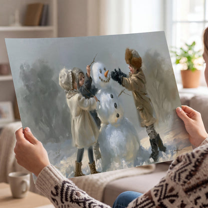Two children putting the finishing touches on a snowman in a soft snowy landscape single poster print held in hands