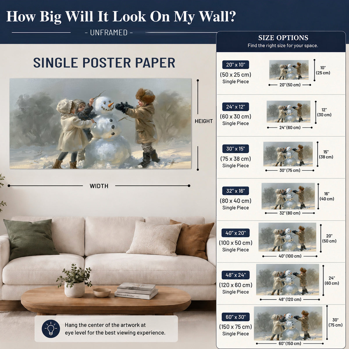 Two children putting the finishing touches on a snowman in a soft snowy landscape single poster print size guide above a sofa; room view is illustrative