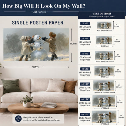 Two children putting the finishing touches on a snowman in a soft snowy landscape single poster print size guide above a sofa; room view is illustrative