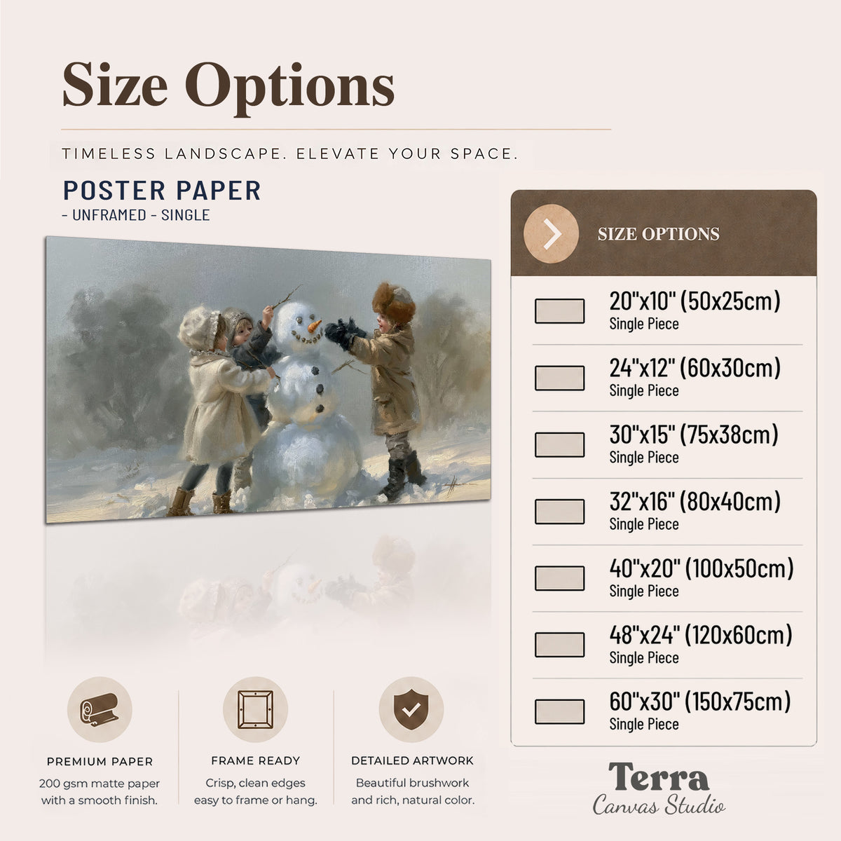 Two children putting the finishing touches on a snowman in a soft snowy landscape single poster print available dimensions