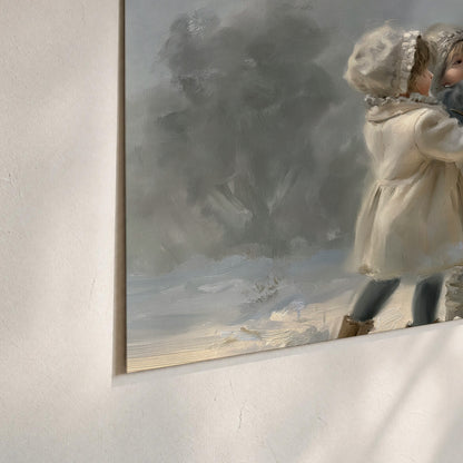 Two children putting the finishing touches on a snowman in a soft snowy landscape set of 3 poster prints material and edge close up