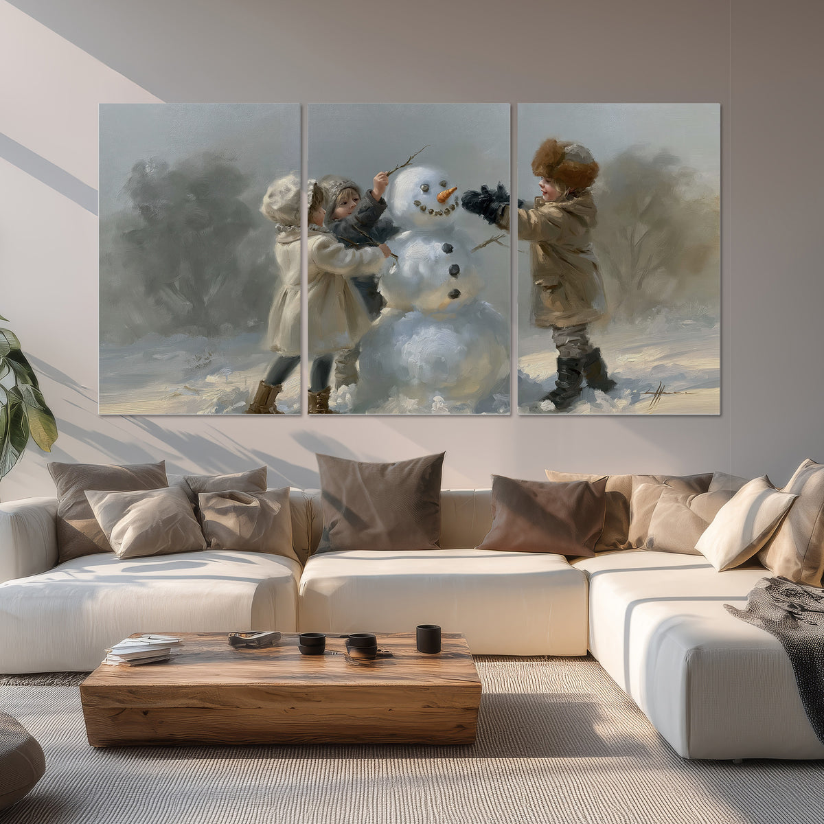 Two children putting the finishing touches on a snowman in a soft snowy landscape set of 3 poster prints displayed in a living room