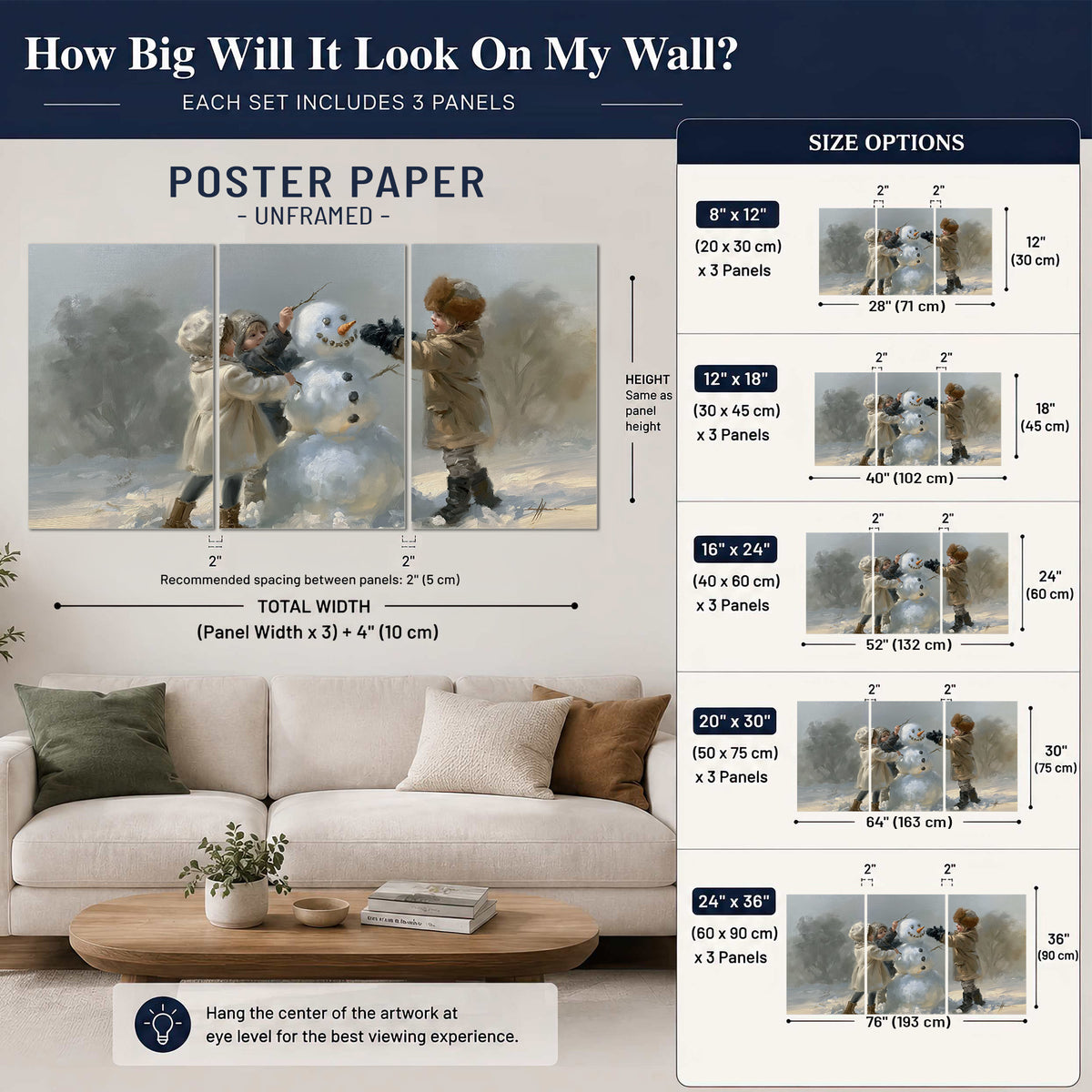 Two children putting the finishing touches on a snowman in a soft snowy landscape set of 3 poster prints size guide above a sofa; room view is illustrative