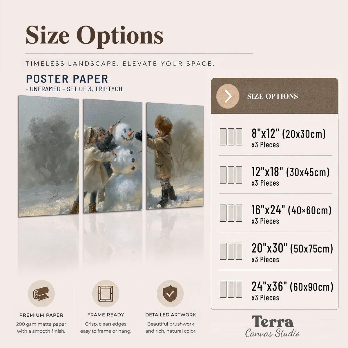 Two children putting the finishing touches on a snowman in a soft snowy landscape set of 3 poster prints available dimensions; triptych dimensions are per panel