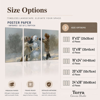 Two children putting the finishing touches on a snowman in a soft snowy landscape set of 3 poster prints available dimensions; triptych dimensions are per panel