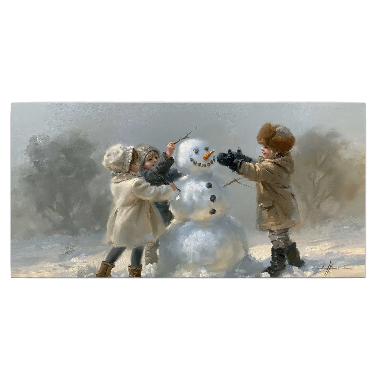 Two children putting the finishing touches on a snowman in a soft snowy landscape single canvas wall art viewed straight on