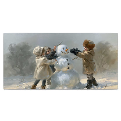 Two children putting the finishing touches on a snowman in a soft snowy landscape single canvas wall art viewed straight on