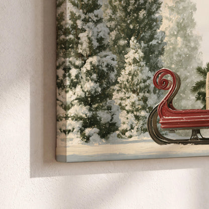A red sleigh filled with wrapped gifts and evergreen branches among snowy fir trees 3 piece canvas wall art material and edge close up