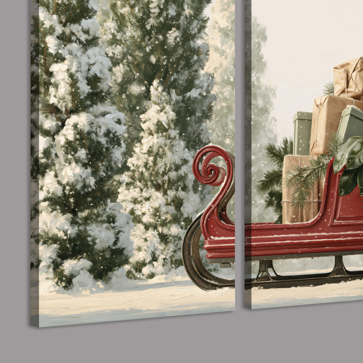 A red sleigh filled with wrapped gifts and evergreen branches among snowy fir trees 3 piece canvas wall art room and product view