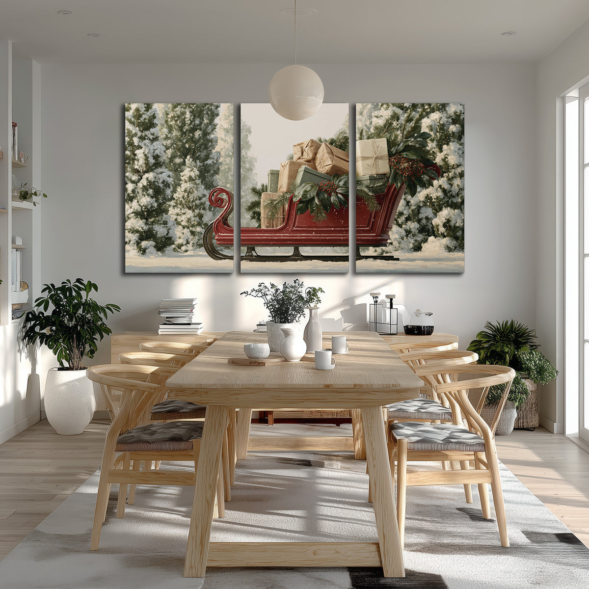 A red sleigh filled with wrapped gifts and evergreen branches among snowy fir trees 3 piece canvas wall art room and product view