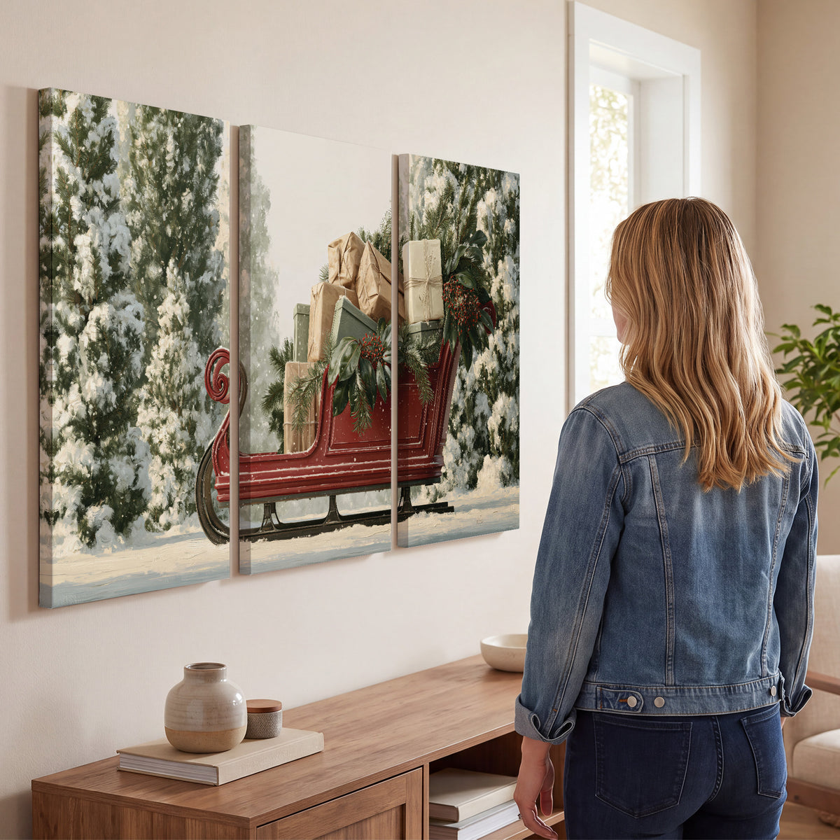 A red sleigh filled with wrapped gifts and evergreen branches among snowy fir trees 3 piece canvas wall art three panel arrangement on a wall