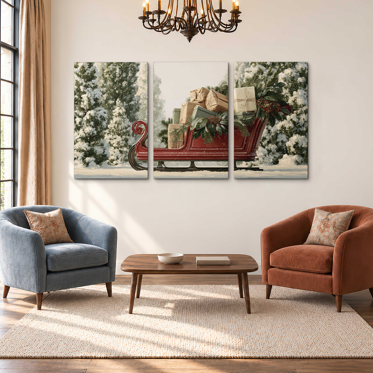 A red sleigh filled with wrapped gifts and evergreen branches among snowy fir trees 3 piece canvas wall art styled in an interior